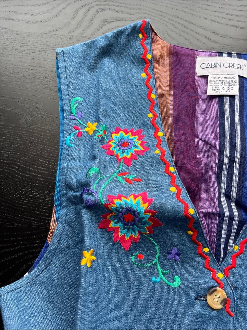 Brand New Vintage Cabin Creek Size M Reversible Denim & Striped Embroidered Vest - Picture 2 of 16